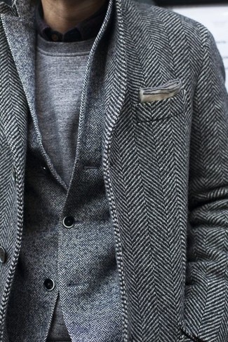 Men's Black Long Sleeve Shirt, Grey Crew-neck Sweater, Grey Herringbone Wool Blazer, Grey Herringbone Overcoat