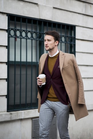 Mustard Crew-neck Sweater Dressy Outfits For Men: 