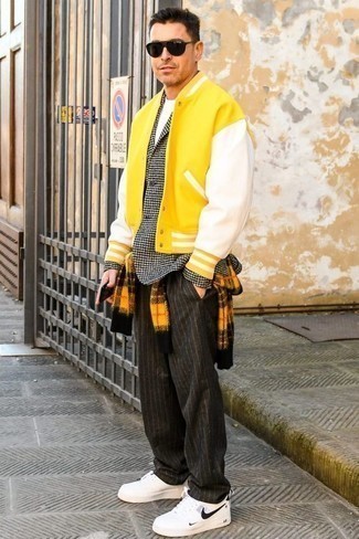 Mustard Crew-neck Sweater Outfits For Men After 40: 