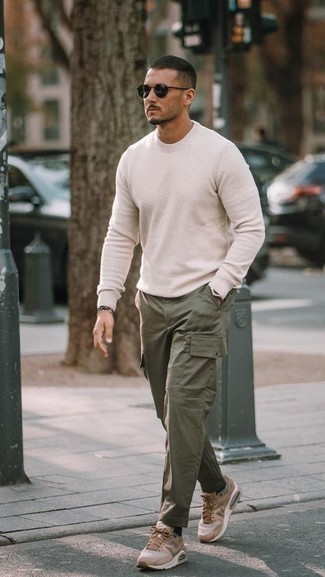 Tobacco Athletic Shoes Outfits For Men: Why not dress in a beige crew-neck sweater and olive cargo pants? As well as totally comfortable, these items look amazing combined together. If you wish to easily dress down your look with footwear, complement this look with tobacco athletic shoes.