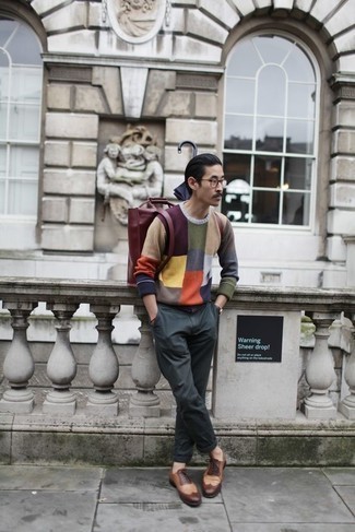 Men's Multi colored Crew-neck Sweater, Charcoal Chinos, Brown Leather Brogues, Burgundy Leather Backpack