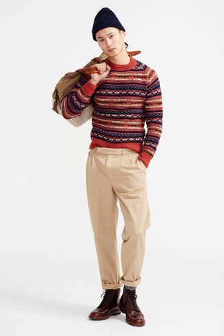 Men's Red Fair Isle Crew-neck Sweater, Khaki Chinos, Dark Brown Leather Casual Boots, Beige Canvas Holdall