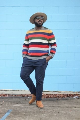 Multi colored Crew-neck Sweater Outfits For Men: Teaming a multi colored crew-neck sweater with navy chinos is a nice choice for a laid-back ensemble. Play down the casualness of this look by slipping into tan suede chelsea boots.