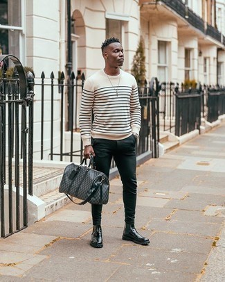 Men's White and Navy Horizontal Striped Crew-neck Sweater, Black Chinos, Black Leather Chelsea Boots, Charcoal Leather Duffle Bag