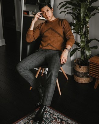 Grey Plaid Chinos Outfits: Why not reach for a brown crew-neck sweater and grey plaid chinos? As well as very comfortable, both items look nice when combined together. Kick up the cool of your getup by finishing off with black leather chelsea boots.