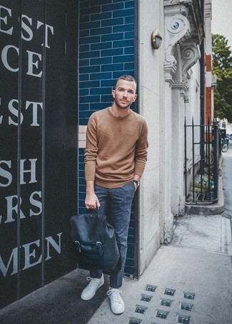 Navy Check Chinos Outfits: Showcase your prowess in men's fashion in this off-duty pairing of a tan crew-neck sweater and navy check chinos. White leather low top sneakers are a savvy pick to round off this look.