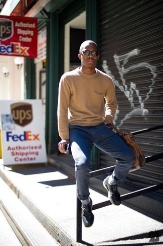 Black Leather Derby Shoes Outfits: A tan crew-neck sweater and navy chinos make for a killer off-duty uniform. Give an extra touch of style to this getup by slipping into a pair of black leather derby shoes.