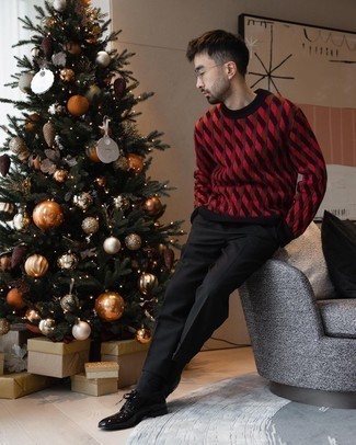 Red Crew-neck Sweater Outfits For Men: This casual combination of a red crew-neck sweater and black chinos can go different ways depending on how you style it out. For footwear, go down the classic route with a pair of black leather derby shoes.