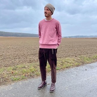 Pink Crew-neck Sweater Outfits For Men: Team a pink crew-neck sweater with dark brown corduroy chinos if you want to look cool and casual without trying too hard. Put a different spin on your ensemble by wearing a pair of dark brown leather derby shoes.