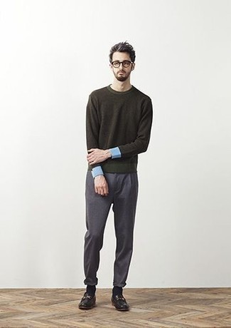 Men's Dark Green Crew-neck Sweater, Charcoal Chinos, Black Leather Loafers, Clear Sunglasses