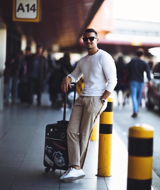 Men's White Crew-neck Sweater, Beige Chinos, White Leather Low Top Sneakers, Black Sunglasses