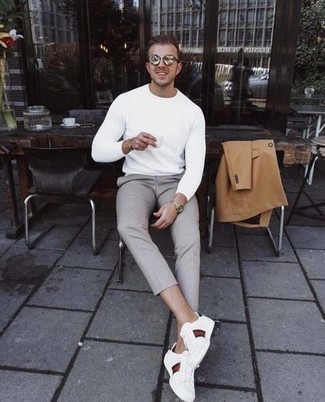 Men's White Crew-neck Sweater, Grey Check Chinos, White Print Canvas Low Top Sneakers, Silver Sunglasses