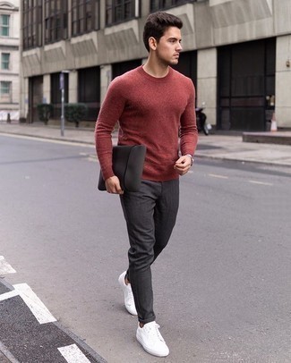 Men's Red Crew-neck Sweater, Charcoal Chinos, White Canvas Low Top Sneakers, Charcoal Canvas Zip Pouch