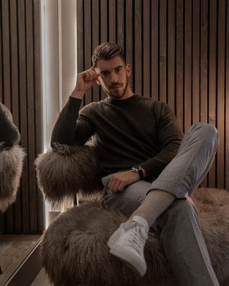 Dark Brown Crew-neck Sweater Outfits For Men: A dark brown crew-neck sweater and grey chinos are worth being on your list of essential casual pieces. And if you need to instantly tone down this outfit with footwear, why not add white canvas low top sneakers to your outfit?