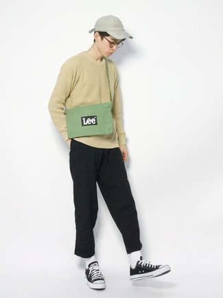 Men's Beige Crew-neck Sweater, Black Chinos, Black and White Canvas Low Top Sneakers, Mint Canvas Messenger Bag
