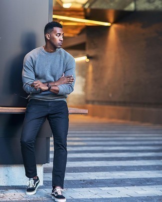 Men's Grey Crew-neck Sweater, Black Chinos, Black and White Canvas Low Top Sneakers, Black Sunglasses