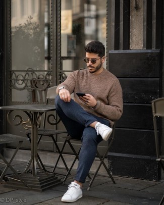 Men's Brown Crew-neck Sweater, Navy Wool Chinos, White Leather Low Top Sneakers, Dark Brown Sunglasses
