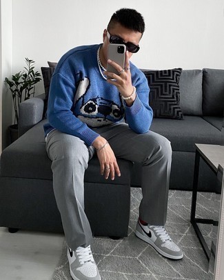 Men's Blue Print Crew-neck Sweater, Grey Check Chinos, Grey Leather Low Top Sneakers, Black Sunglasses