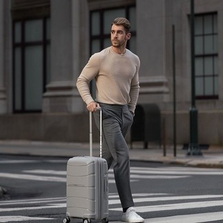 Men's Beige Crew-neck Sweater, Grey Chinos, White Canvas Low Top Sneakers, Grey Suitcase