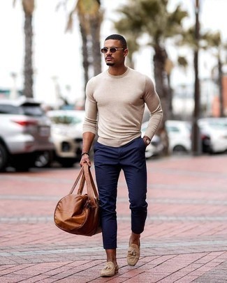 Beige Suede Tassel Loafers Outfits: Rock a beige crew-neck sweater with navy chinos for a laid-back kind of refinement. Complete your outfit with a pair of beige suede tassel loafers to instantly shake up the ensemble.
