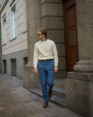 White Crew-neck Sweater Outfits For Men: Go for a white crew-neck sweater and blue chinos to pull together a day-to-day getup that's full of style and personality. Puzzled as to how to round off your look? Wear a pair of brown suede tassel loafers to bump up the wow factor.