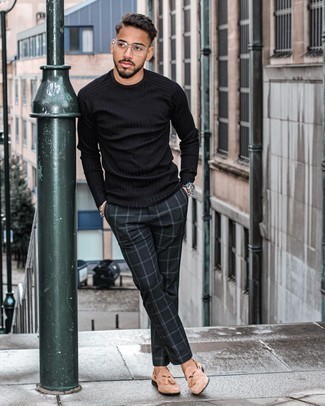 Black Plaid Chinos Outfits: Consider wearing a black crew-neck sweater and black plaid chinos to create a casually dapper getup. Amp up your whole look by rocking tan suede tassel loafers.