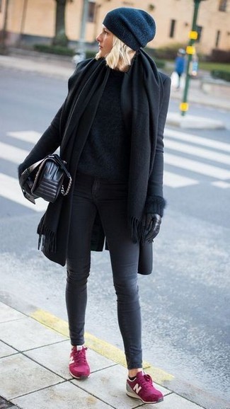 Women's Charcoal Skinny Jeans, Black Fluffy Crew-neck Sweater, Black Coat, Black Shawl