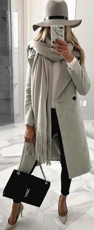 Grey Pumps with Crew-neck Sweater Outfits: 