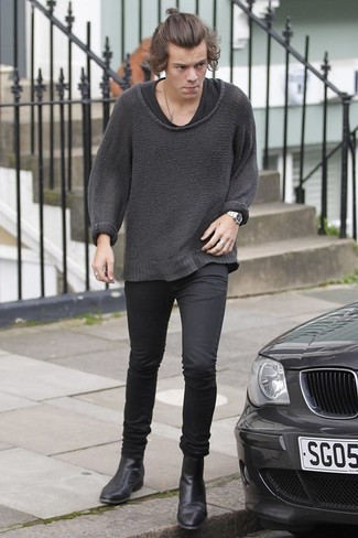 Harry Styles wearing Charcoal Crew-neck Sweater, Black Crew-neck T-shirt, Black Chinos, Black Leather Chelsea Boots