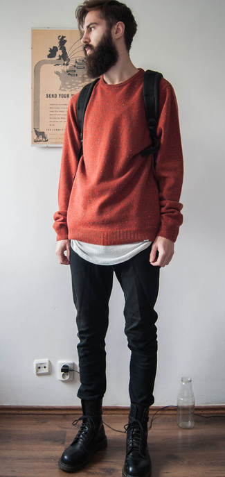 Black Canvas Backpack Outfits For Men: For a look that's very straightforward but can be manipulated in a myriad of different ways, team a red crew-neck sweater with a black canvas backpack. Finishing with a pair of black leather casual boots is a surefire way to introduce a bit of depth to this getup.
