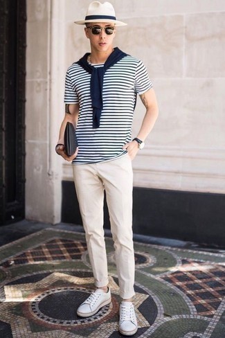 Men's Navy Crew-neck Sweater, White and Navy Horizontal Striped Crew-neck T-shirt, Beige Chinos, White Canvas Low Top Sneakers
