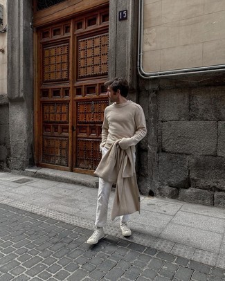 Beige Scarf Outfits For Men: Want to inject your wardrobe with some laid-back menswear style? Try pairing a beige crew-neck sweater with a beige scarf. Rev up your whole look by slipping into a pair of white canvas high top sneakers.
