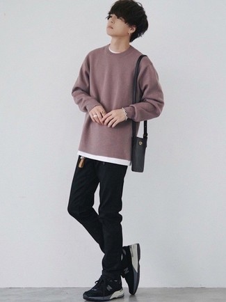 Black Leather Messenger Bag Outfits: Make a purple crew-neck sweater and a black leather messenger bag your outfit choice for a relaxed take on day-to-day menswear. Let your outfit coordination expertise truly shine by completing your outfit with a pair of black and white athletic shoes.