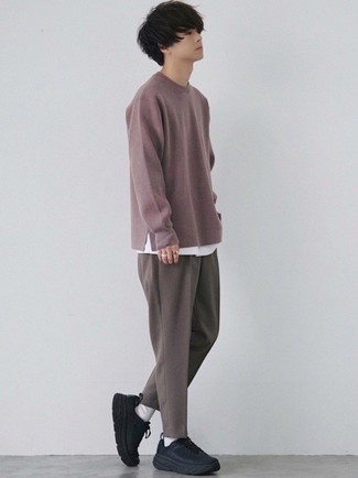 Men's Purple Crew-neck Sweater, White Crew-neck T-shirt, Brown Chinos, Black Athletic Shoes