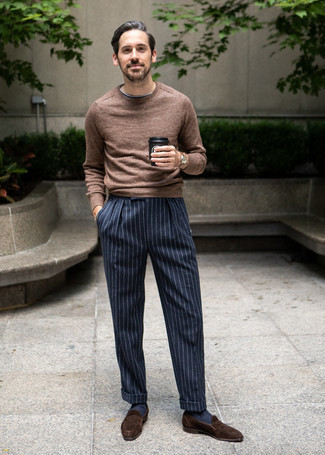 Navy Vertical Striped Dress Pants Outfits For Men: Flaunt your classy self by wearing a brown crew-neck sweater and navy vertical striped dress pants. Hesitant about how to complement your outfit? Round off with dark brown suede loafers to kick up the fashion factor.