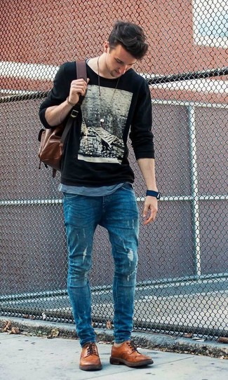 Black Print Crew-neck Sweater Outfits For Men: A black print crew-neck sweater and blue jeans are among the fundamental elements in any gentleman's properly balanced casual wardrobe. Add brown leather brogues to the equation to kick things up to the next level.