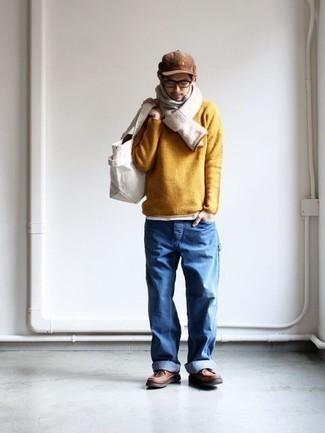 Men's Mustard Crew-neck Sweater, White Crew-neck T-shirt, Blue Jeans, Brown Leather Casual Boots
