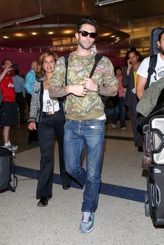 Adam Levine wearing Olive Floral Crew-neck Sweater, White Crew-neck T-shirt, Blue Jeans, Grey Athletic Shoes
