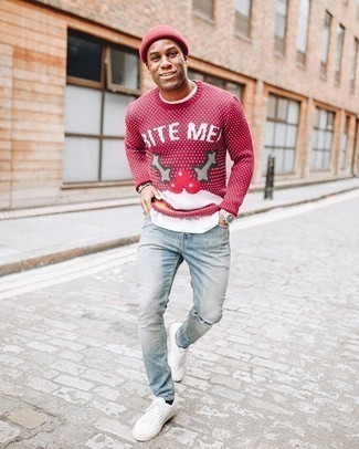 Men's Red Print Crew-neck Sweater, White Crew-neck T-shirt, Light Blue Ripped Jeans, White Canvas Low Top Sneakers