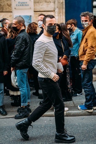 White and Navy Horizontal Striped Crew-neck Sweater Outfits For Men: Super dapper, this casual combo of a white and navy horizontal striped crew-neck sweater and black jeans will provide you with variety. Add black leather casual boots to the equation to instantly spice up the getup.