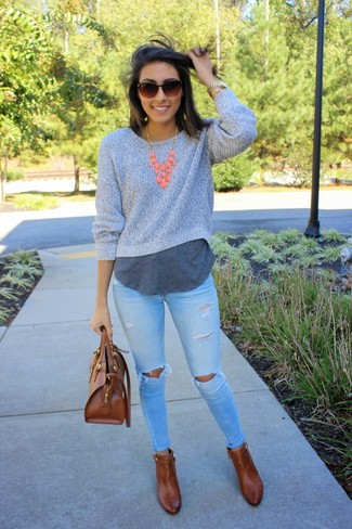 Women's Grey Crew-neck Sweater, Charcoal Crew-neck T-shirt, Light Blue Ripped Skinny Jeans, Tobacco Leather Ankle Boots