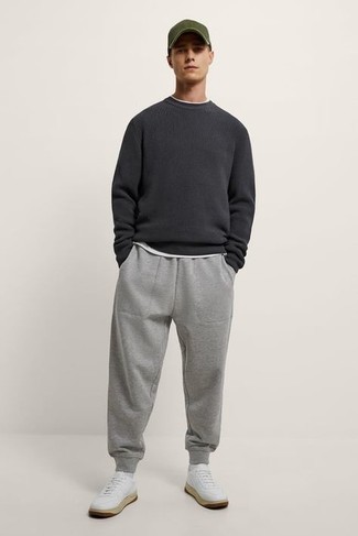 Charcoal Crew-neck Sweater with Grey Sweatpants Outfits For Men