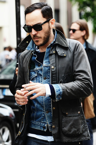 Charcoal Military Jacket Outfits For Men: 