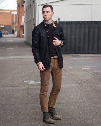 Dark Green Suede Casual Boots Outfits For Men: Go for a black crew-neck sweater and brown chinos for a casual level of dress. Hesitant about how to complement this look? Rock a pair of dark green suede casual boots to dial it up a notch.