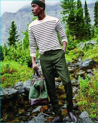 Men's White Horizontal Striped Crew-neck Sweater, Dark Green Wool Dress Pants, Burgundy Leather Chelsea Boots, Green Canvas Holdall
