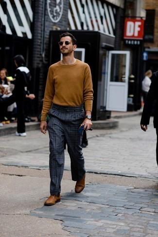 Tobacco Crew-neck Sweater Outfits For Men: You'll be surprised at how easy it is for any gent to get dressed like this. Just a tobacco crew-neck sweater paired with charcoal plaid wool dress pants. Complete this getup with a pair of brown leather chelsea boots and you're all set looking awesome.