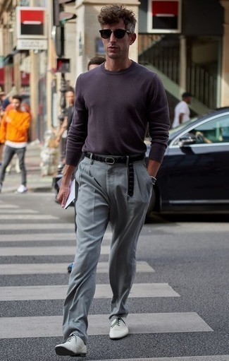 Purple Crew-neck Sweater Outfits For Men: This combo of a purple crew-neck sweater and grey dress pants is a surefire option when you need to look incredibly smart and sophisticated. Dial down the casualness of this look by rounding off with a pair of white leather oxford shoes.
