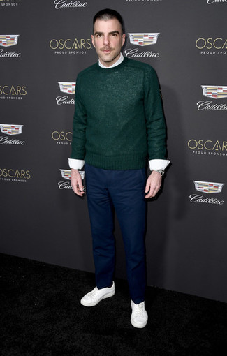 Teal Crew-neck Sweater Outfits For Men: A teal crew-neck sweater and navy chinos are a great outfit to carry you throughout the day and into the night. And if you want to effortlessly tone down this look with footwear, why not add a pair of white low top sneakers to the mix?