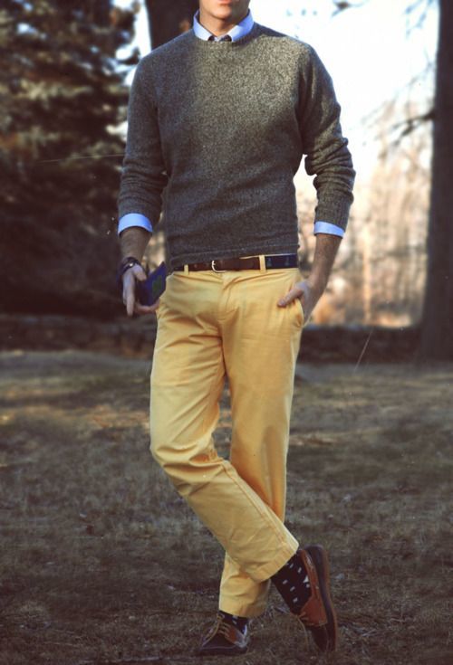 Men s Charcoal Crew neck Sweater Blue Dress Shirt Yellow Chinos