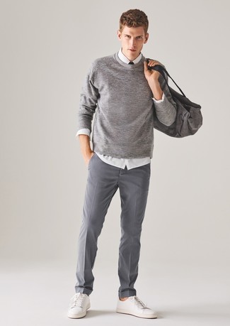 Men's Grey Crew-neck Sweater, White Dress Shirt, Grey Dress Pants, White Leather Low Top Sneakers
